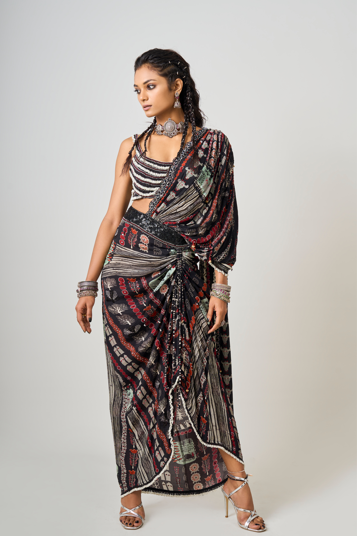 Printed Embroidered Drape Saree Set