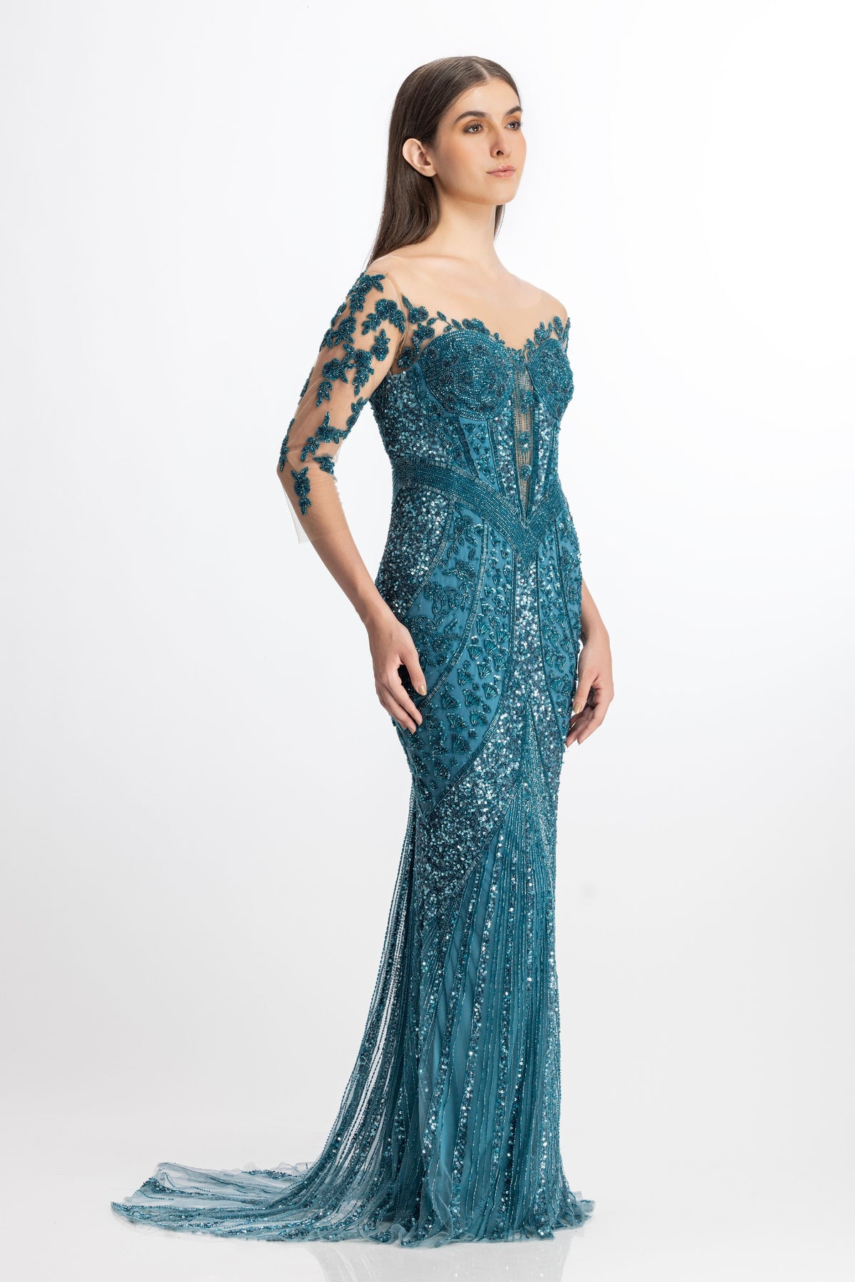 Bateau Neck Embroidered Gown