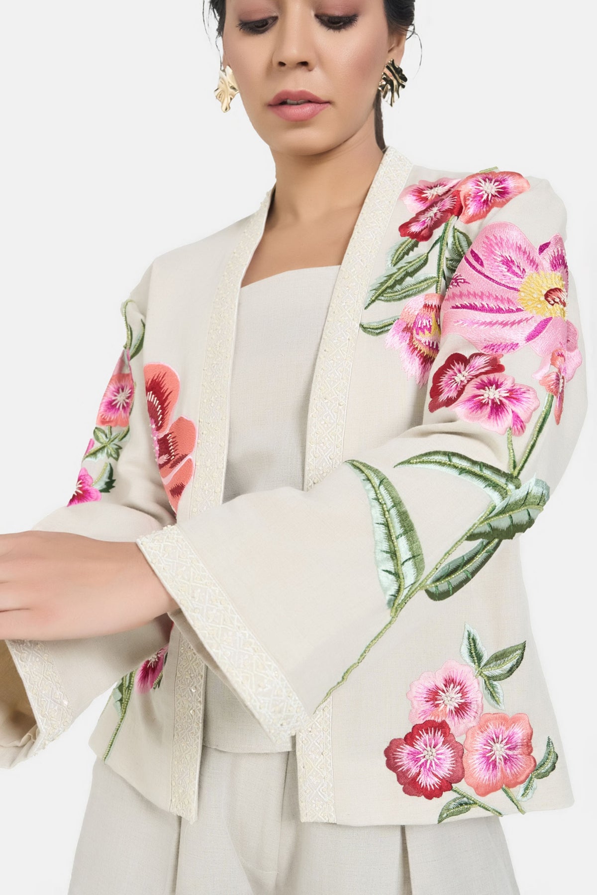 Beige Embroidered Floral Jacket