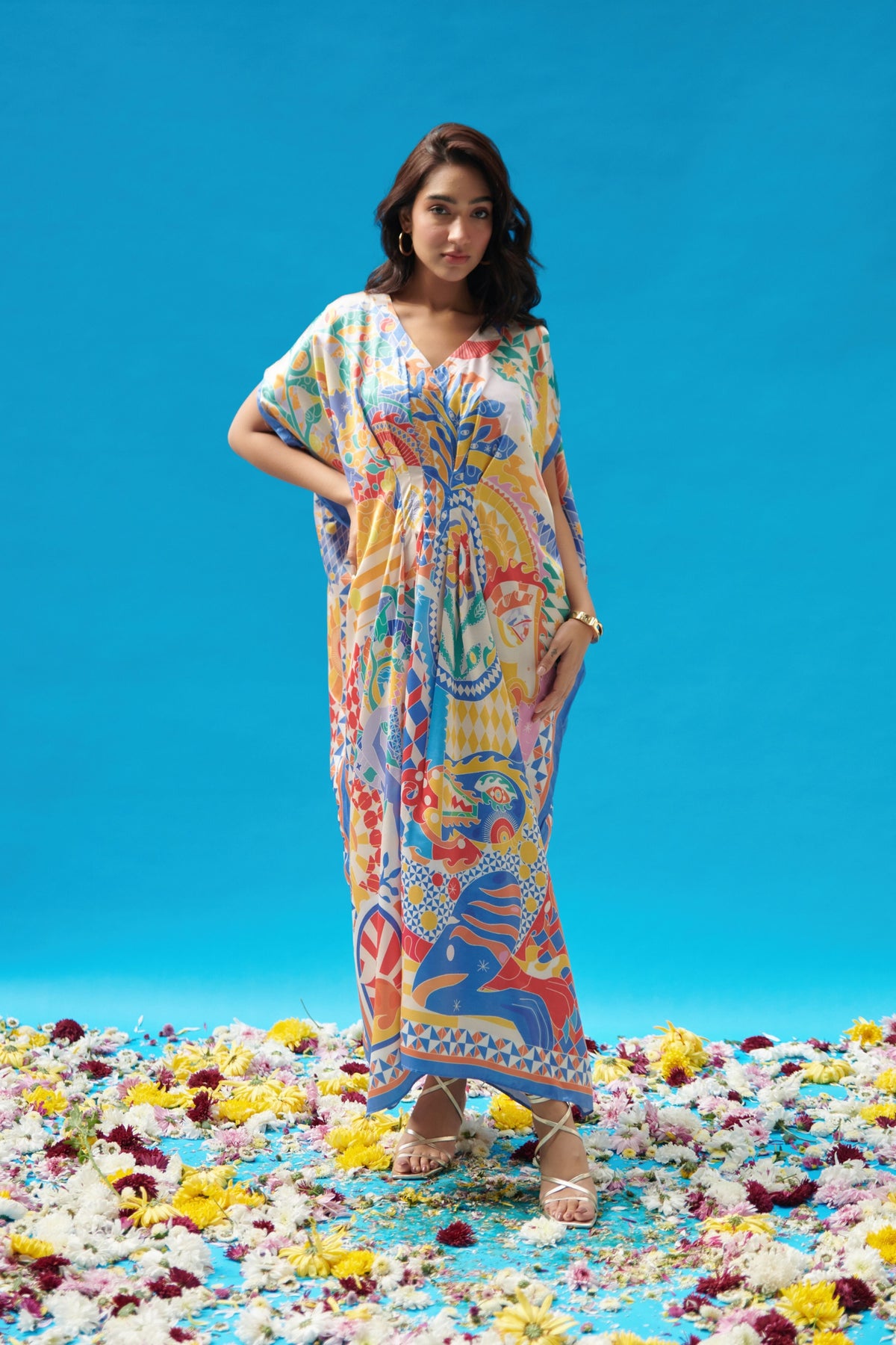 Multicolor Print Pleated Long Kaftan