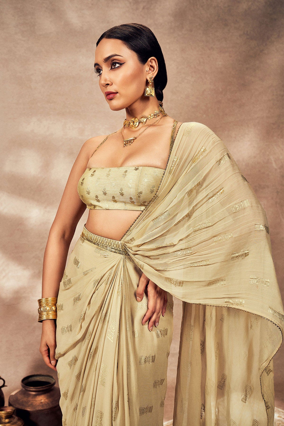 Beige Timber Tribe Drape Saree