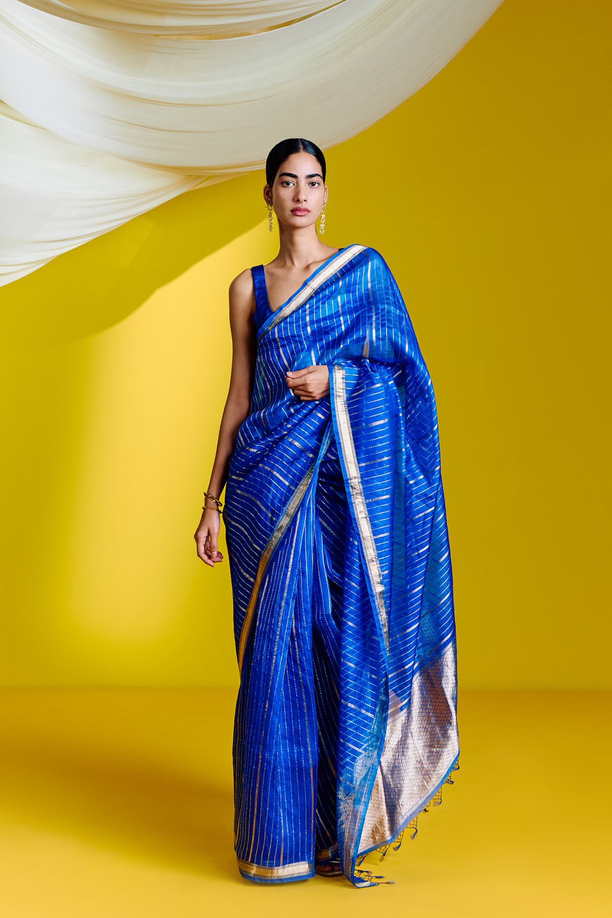 Blue Striped Organza Handwoven Saree