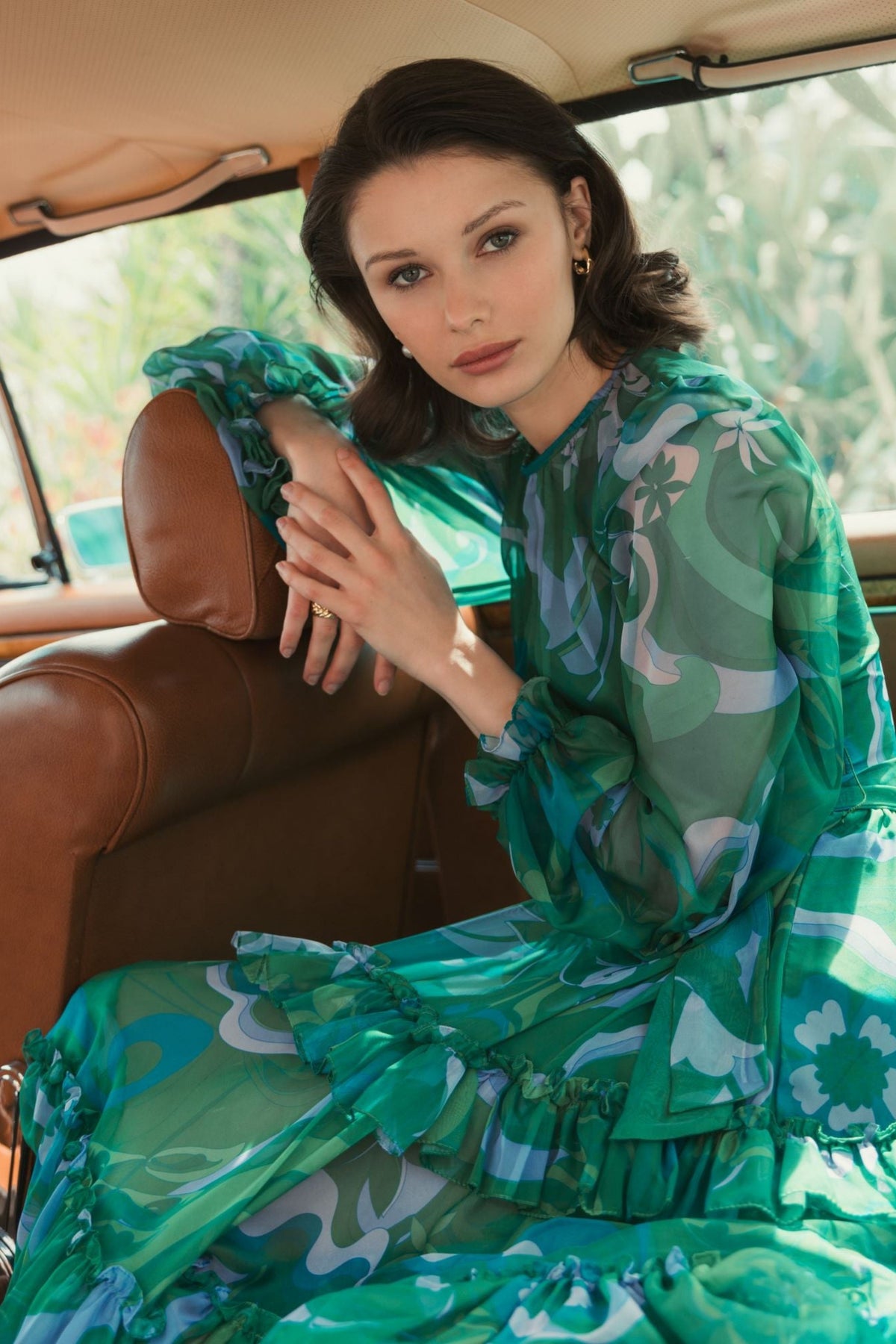 Green Printed Chiffon Midi Dress