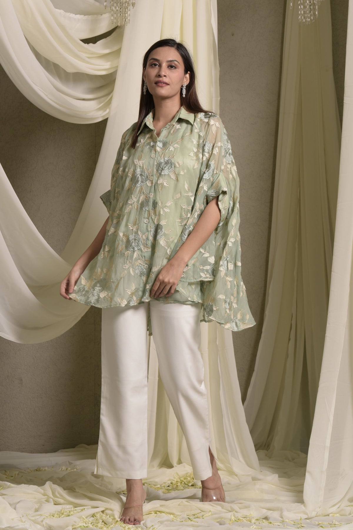 Elahe Embroidered Rose Sage Green Shirt