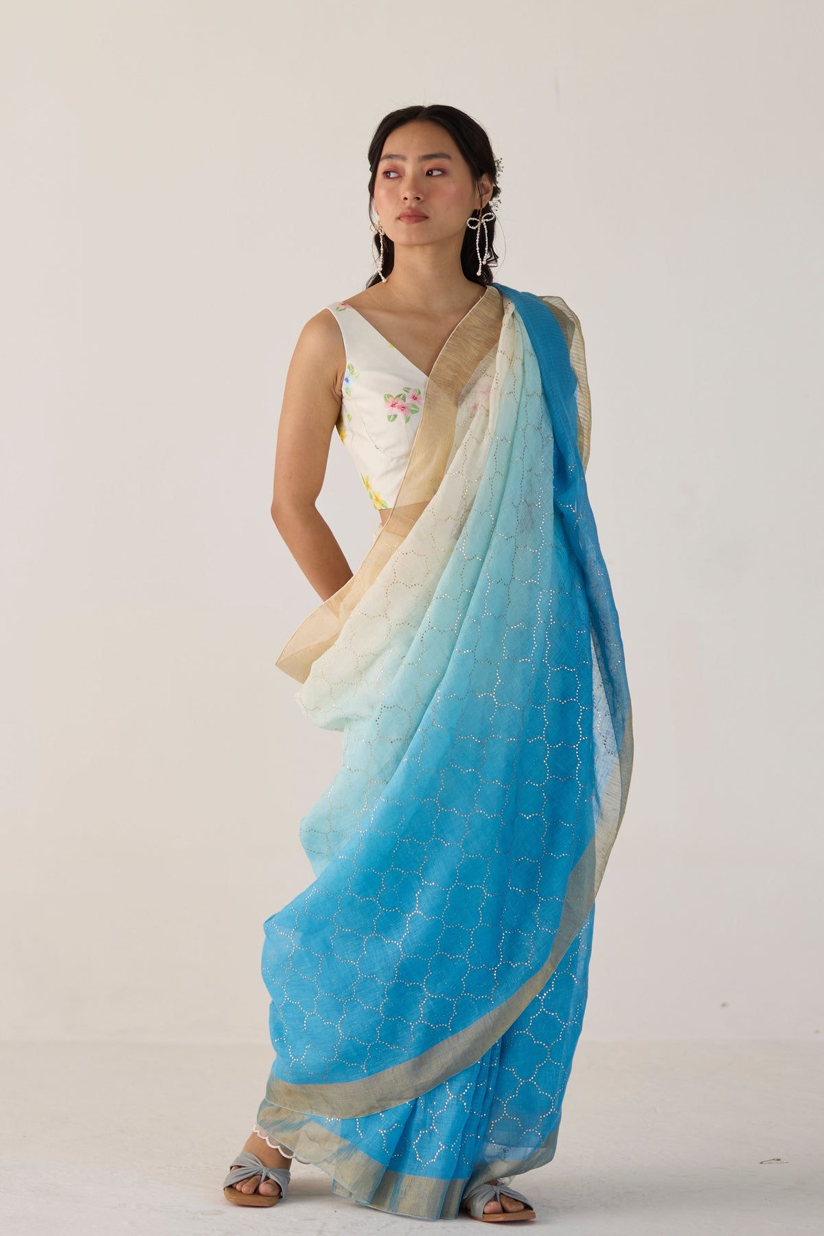 Blue Ombre Sari With Gold Dot Print