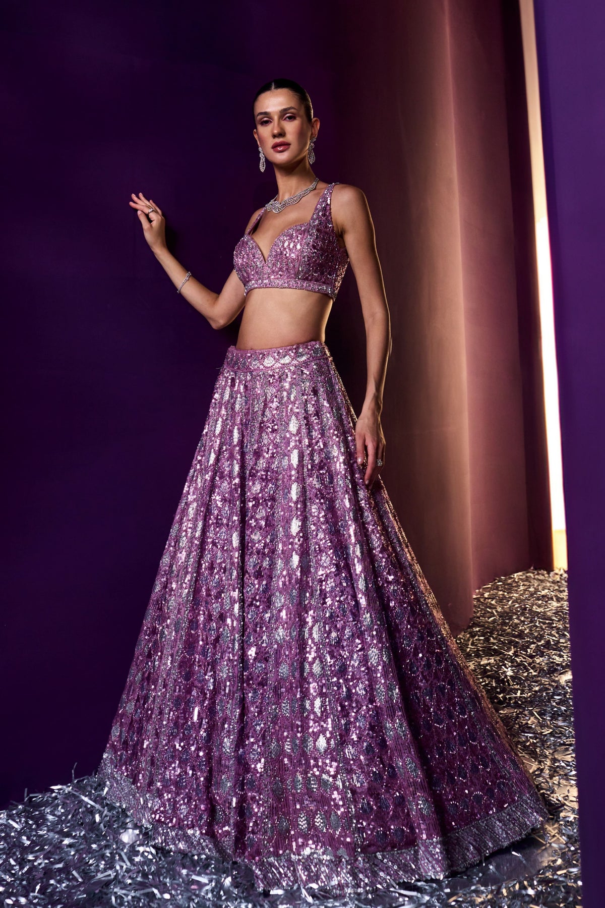 Periwinkle Organza Crystals Lehenga Set