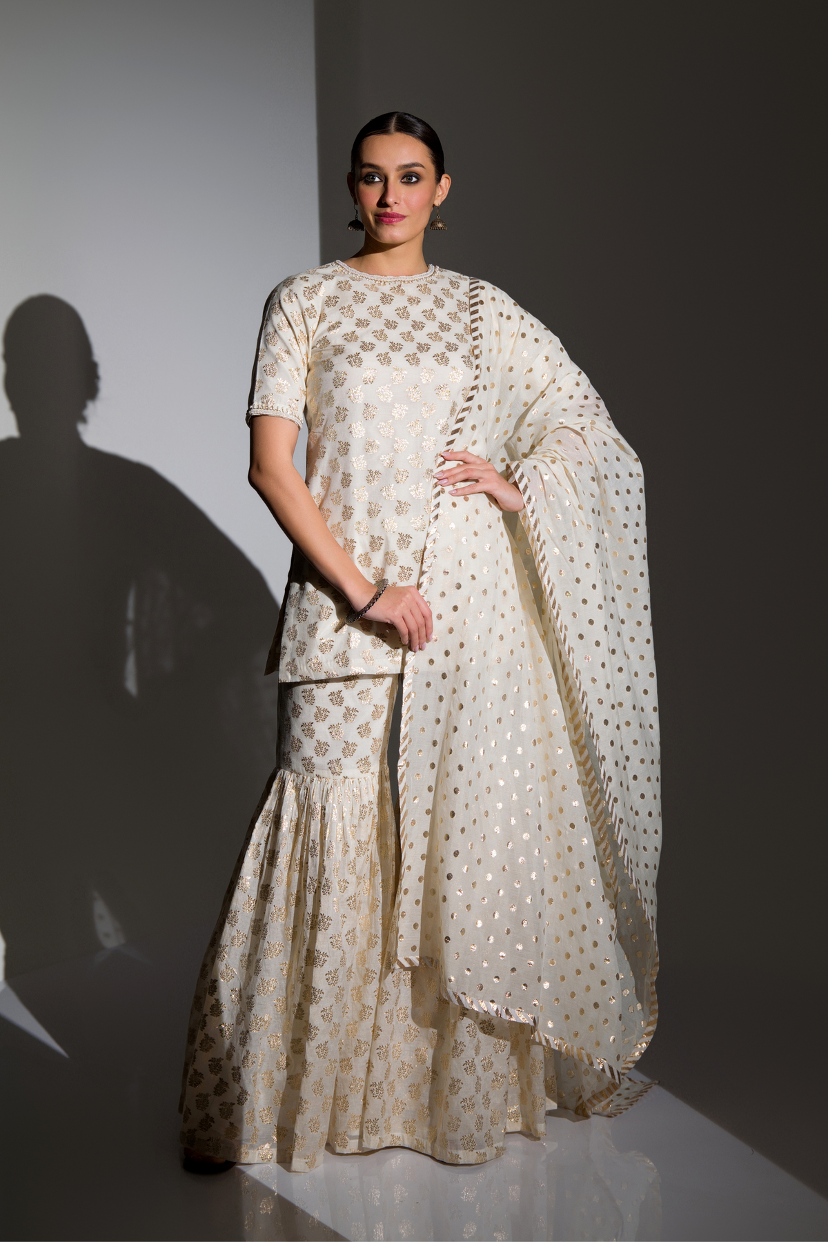 Ivory And Gold Embellished Kurta Sharara Set