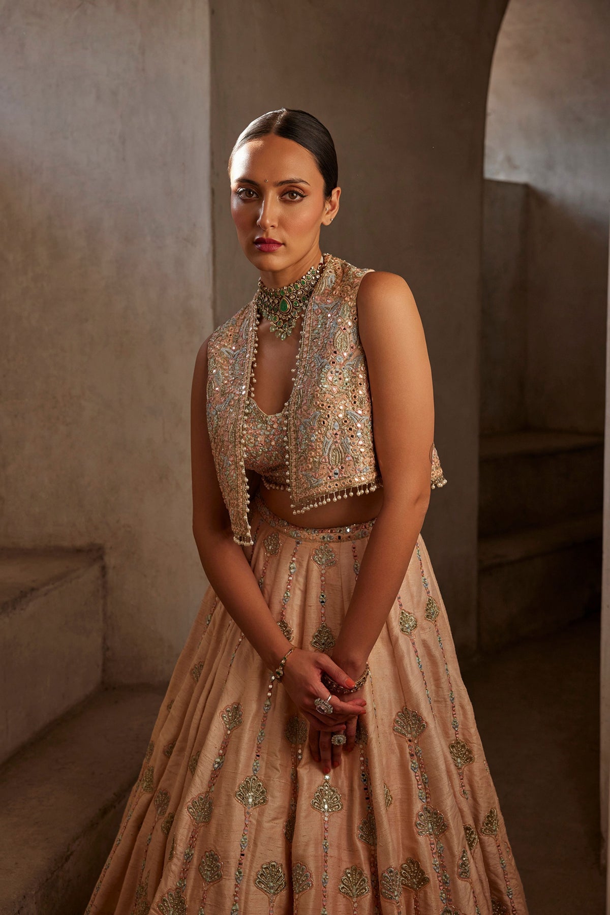 Peach Lehenga With Short Jacket and Bustier