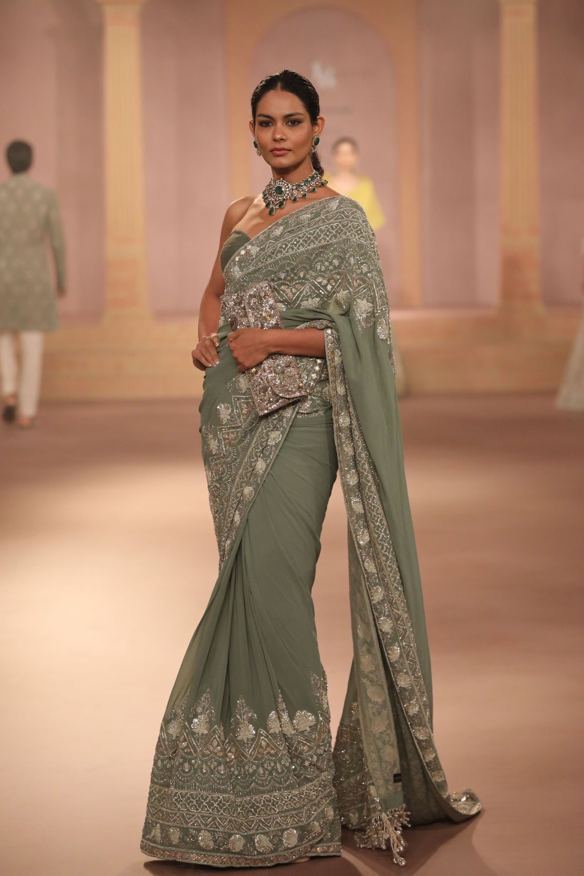 Mint Embroidered Saree Set