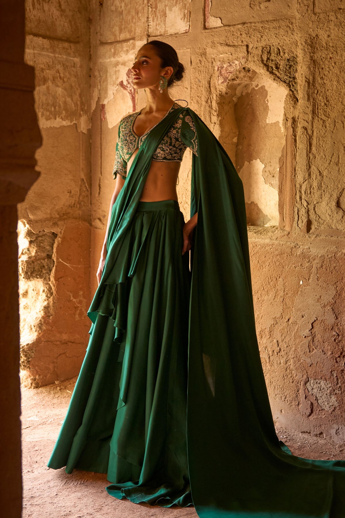 Emerald Green Draped Saree Set