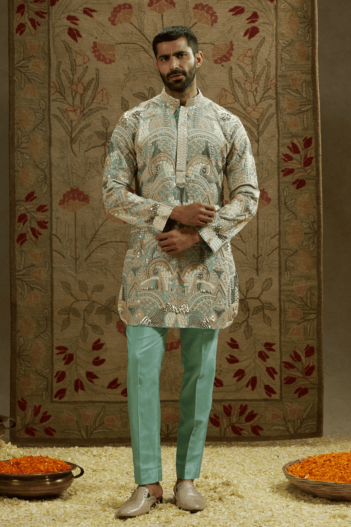 Teal Blue Embellished Kurta Set