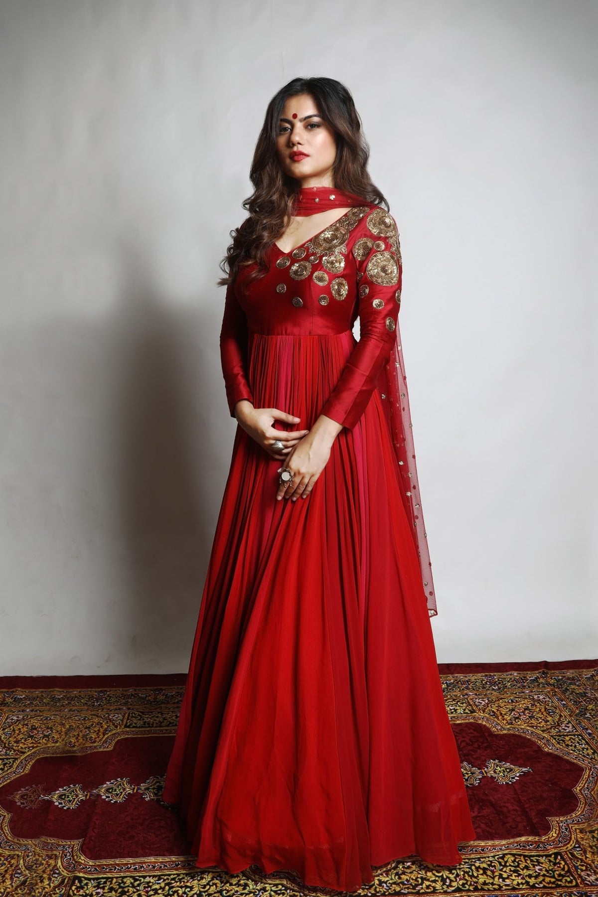 Red Anarkali With Embroidered Dupatta