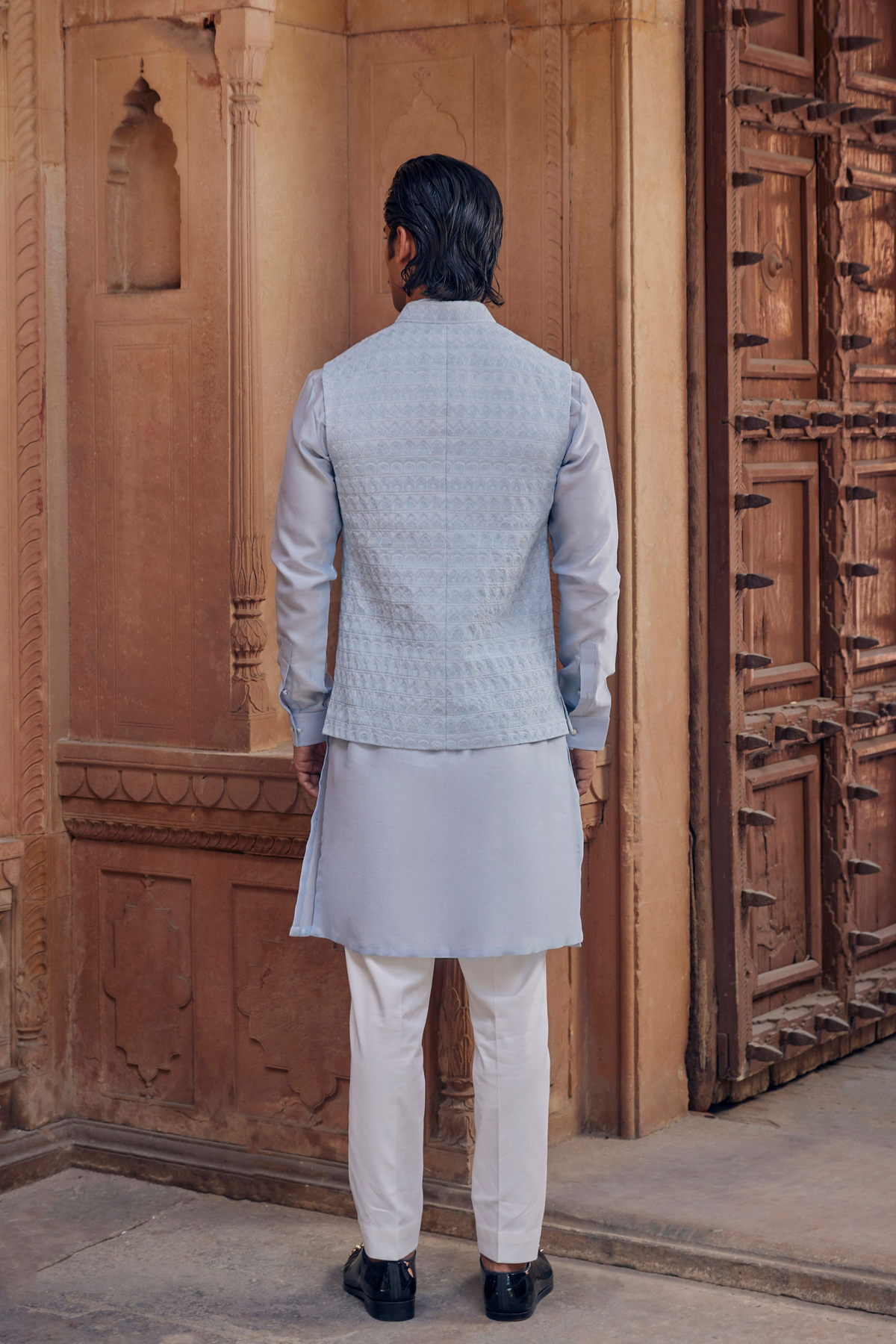 Amaal Sky Blue Ensemble With Intricate Gota Nehru Jacket