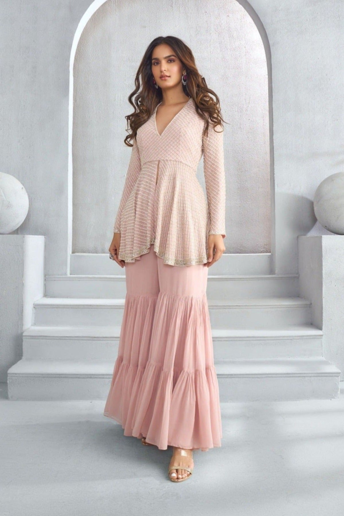 Classic pink peplum sharara set