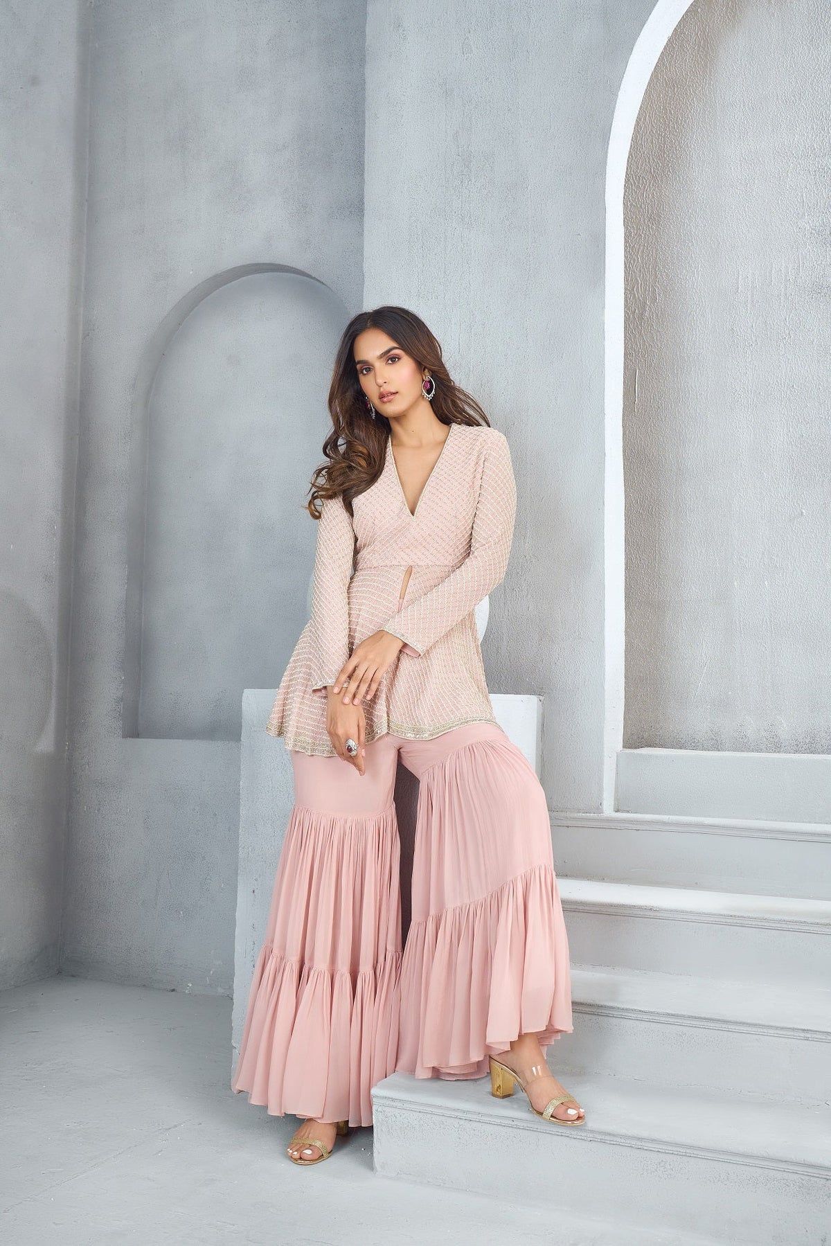 Classic pink peplum sharara set