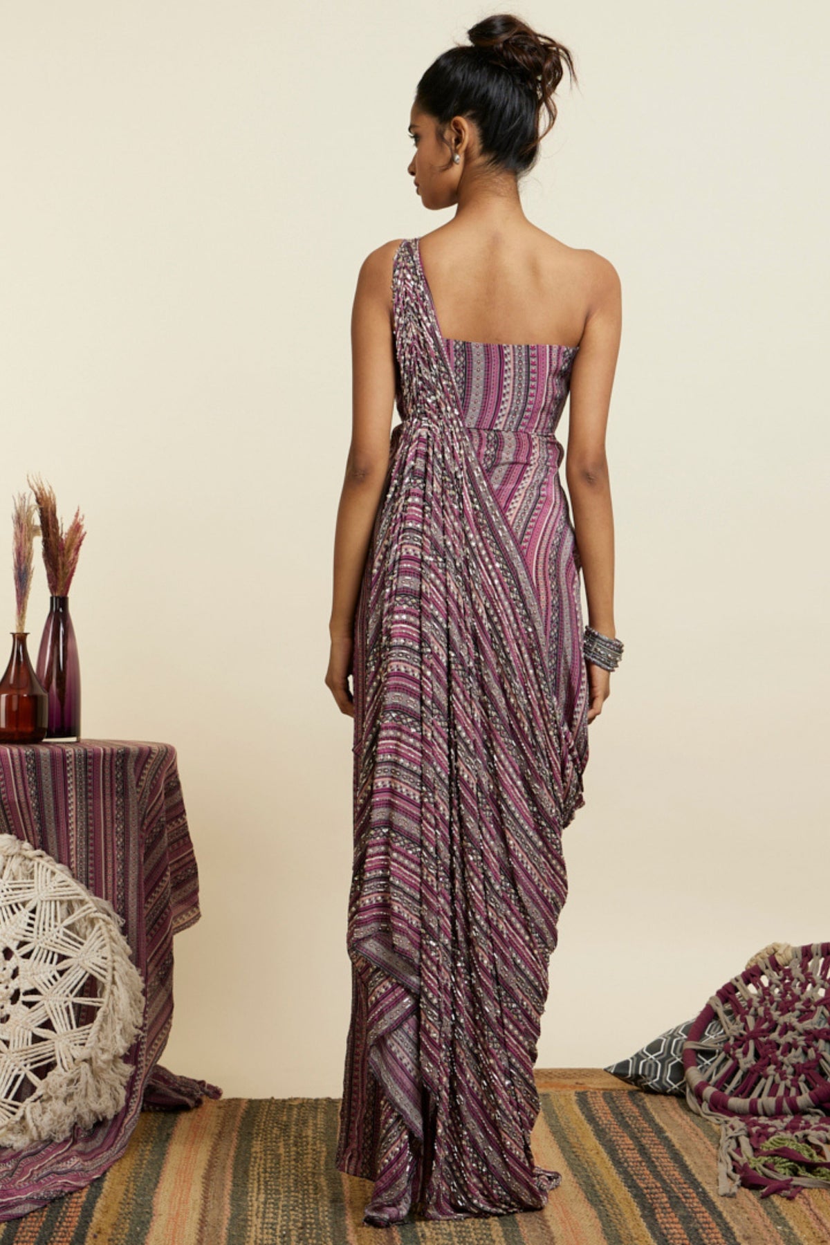 Merot Boho Stripe Embellished Gown