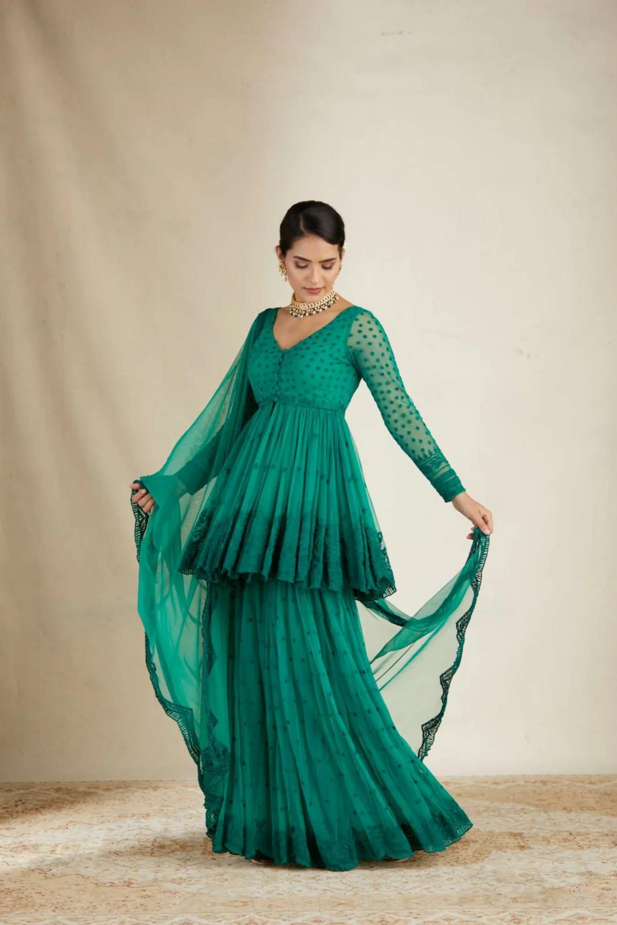 Teal Green Peplum With Sharara Set