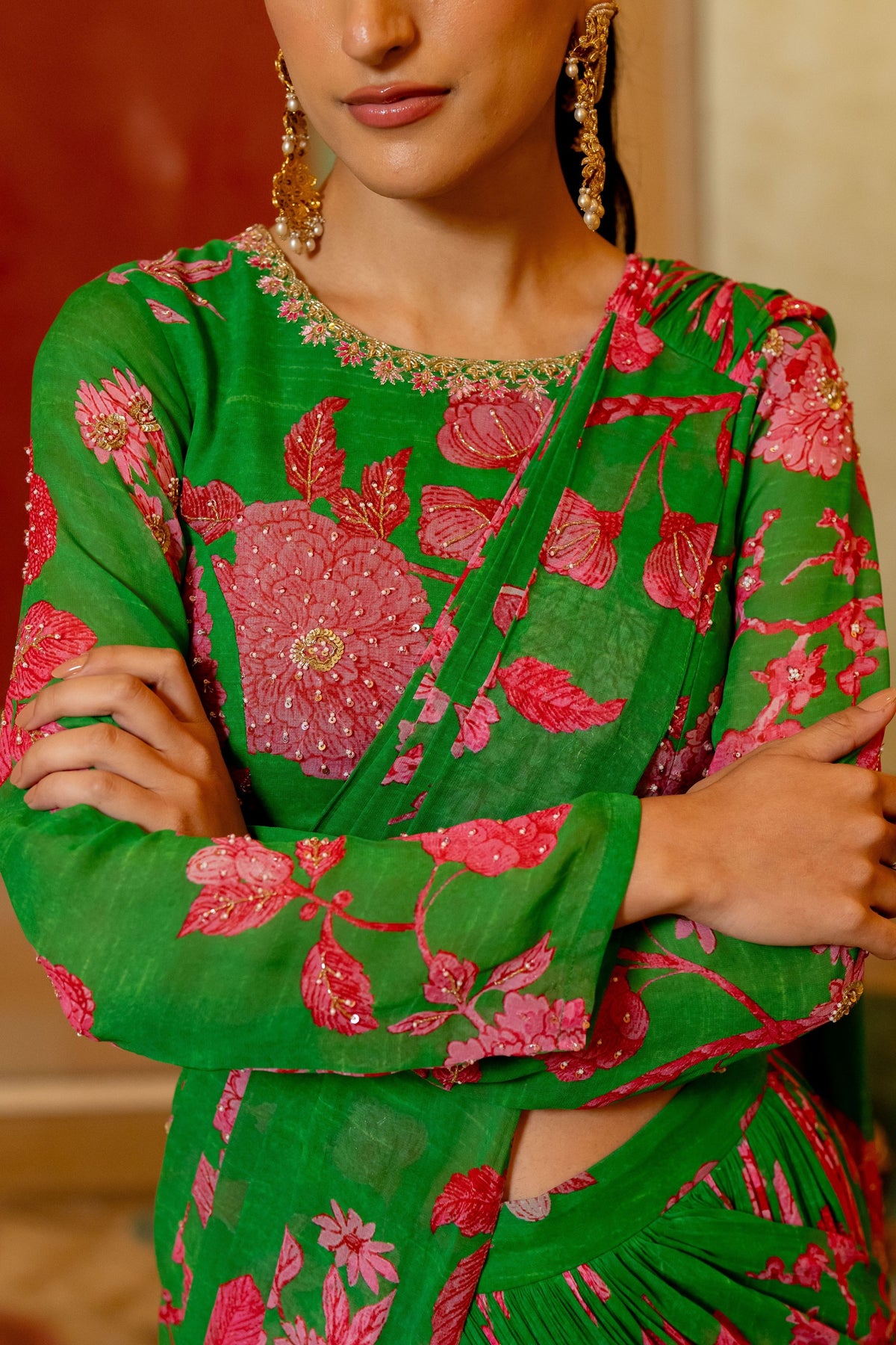 Green and Pink Floral Printed Pre Draped Saree Set