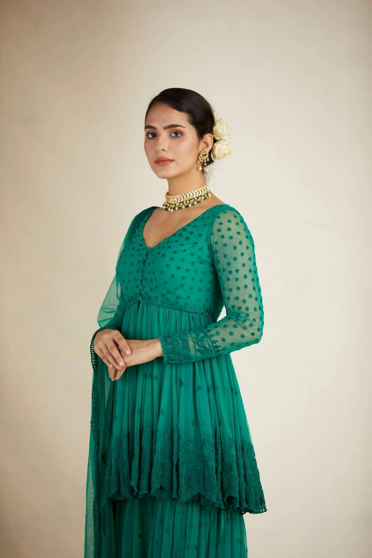 Teal Green Peplum With Sharara Set