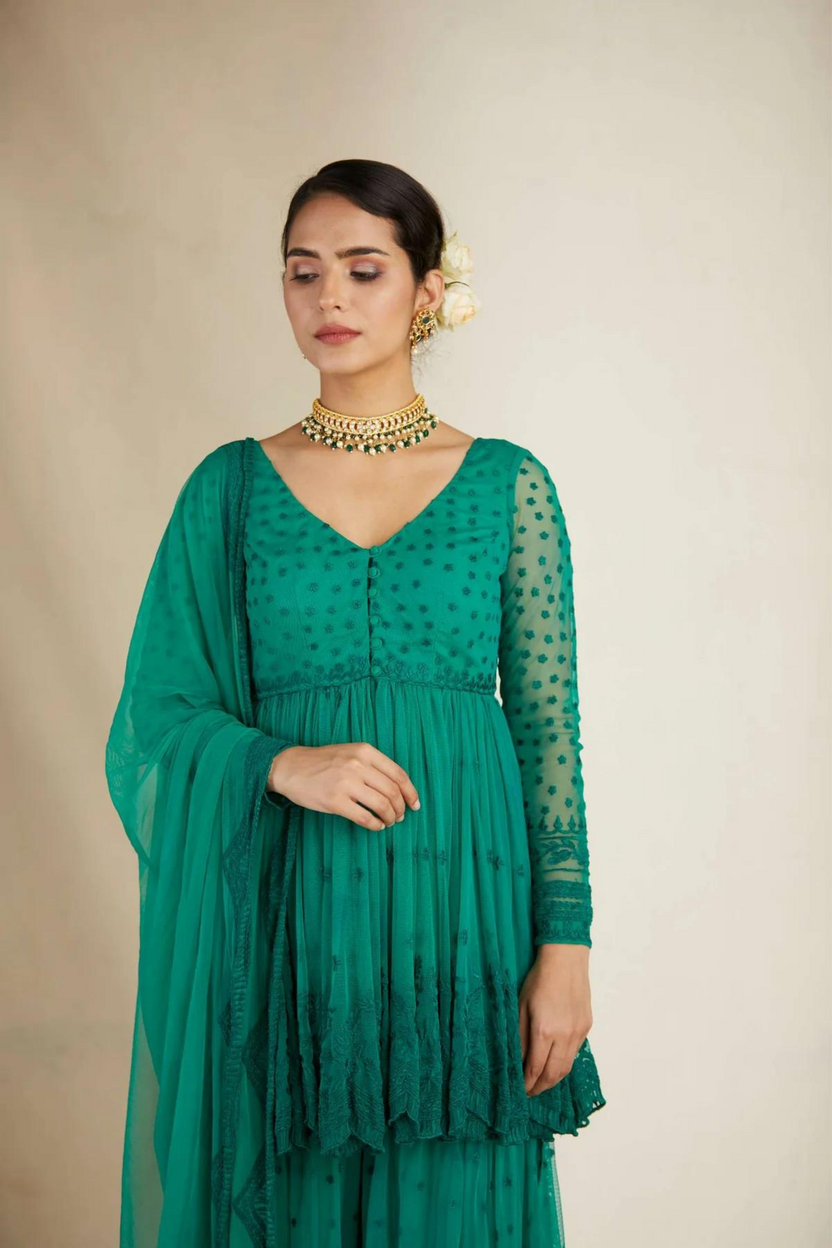 Teal Green Peplum With Sharara Set