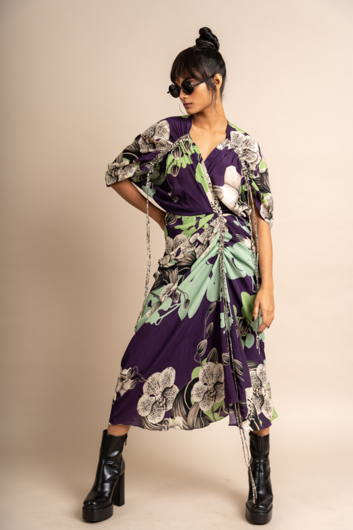 Kk Aubergine Print  Gather Dress