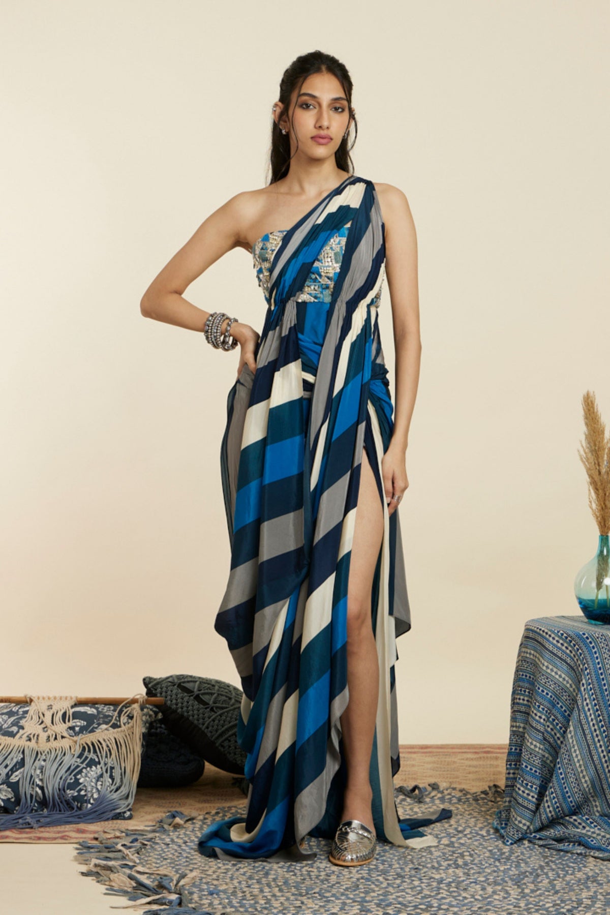 Blue Stripe Embellished Saree Draped Gown