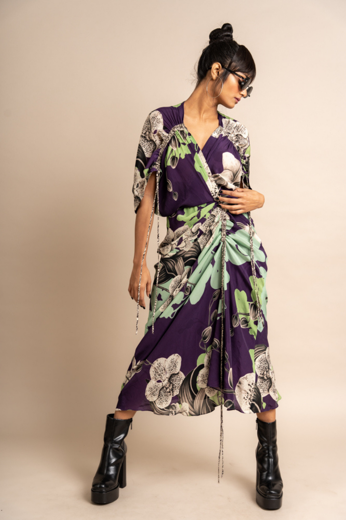 Kk Aubergine Print  Gather Dress