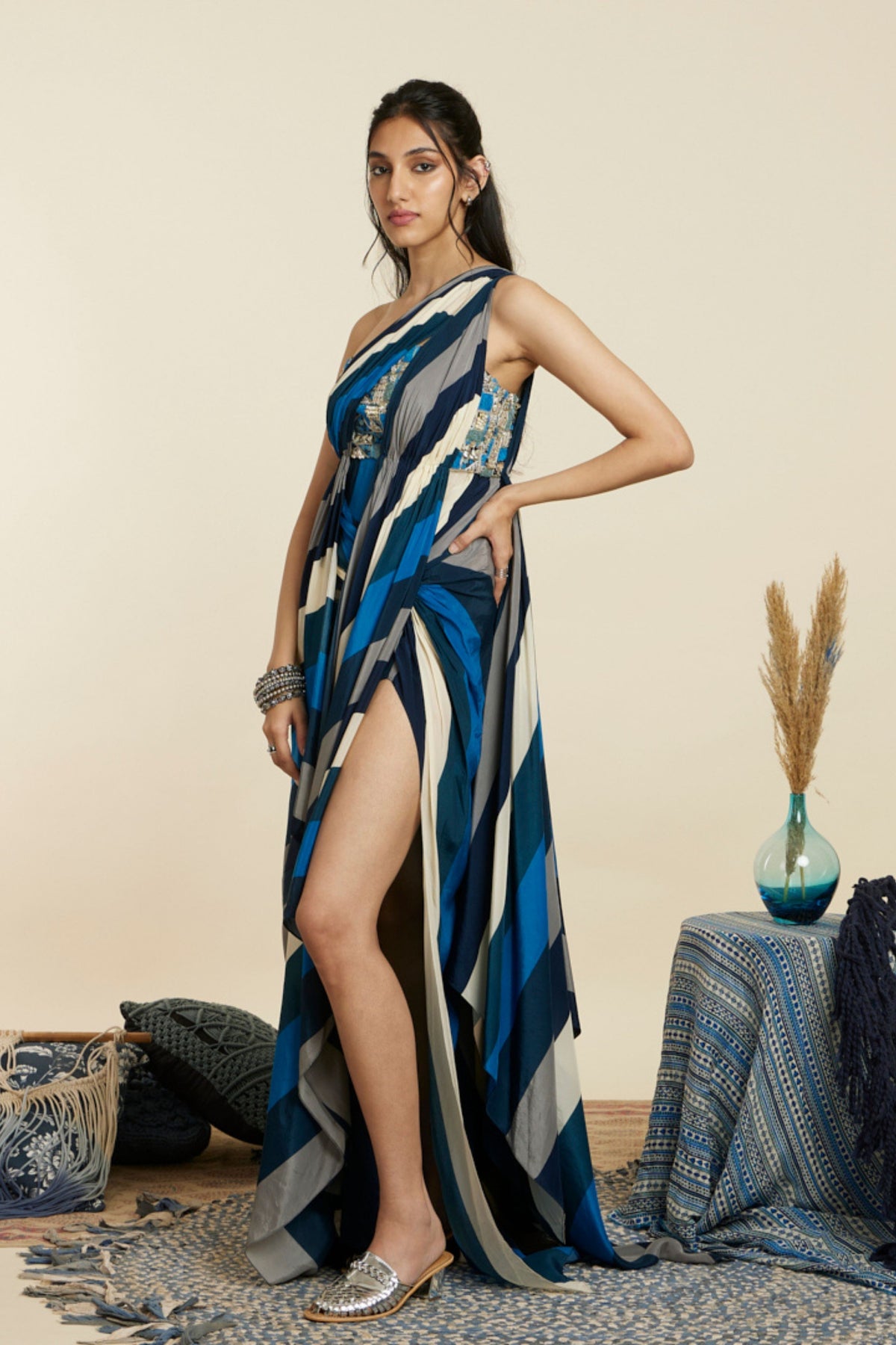 Blue Stripe Embellished Saree Draped Gown