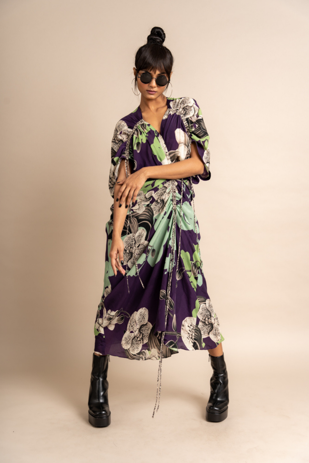 Kk Aubergine Print  Gather Dress