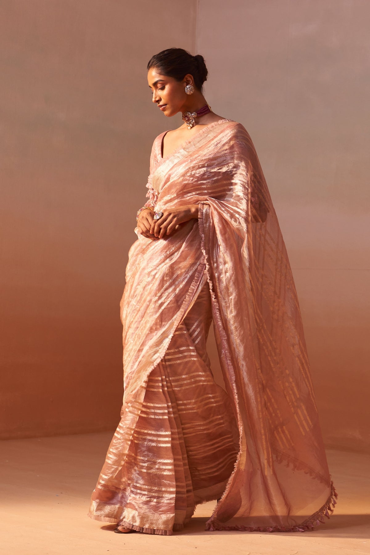 Rose Pink Organza Tissue Saree