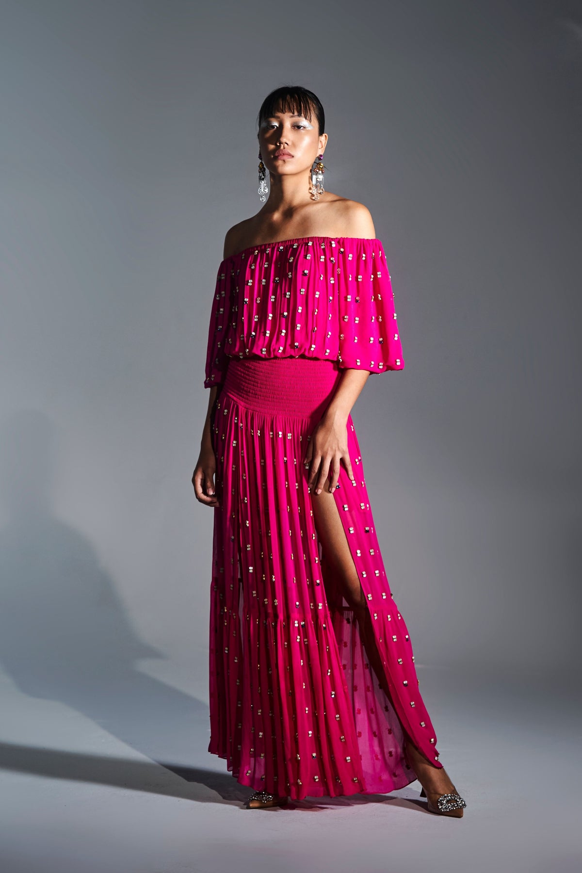 Hot Pink Off Shoulder Maxi Dress