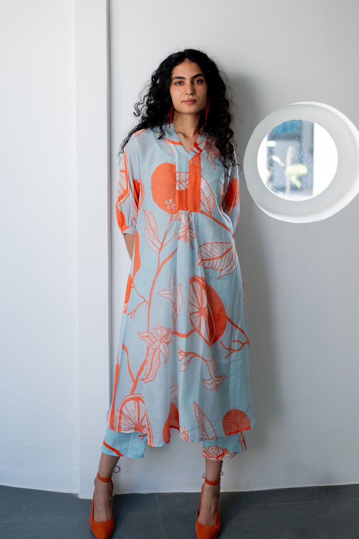 Mandarin Print Kurta With Slip