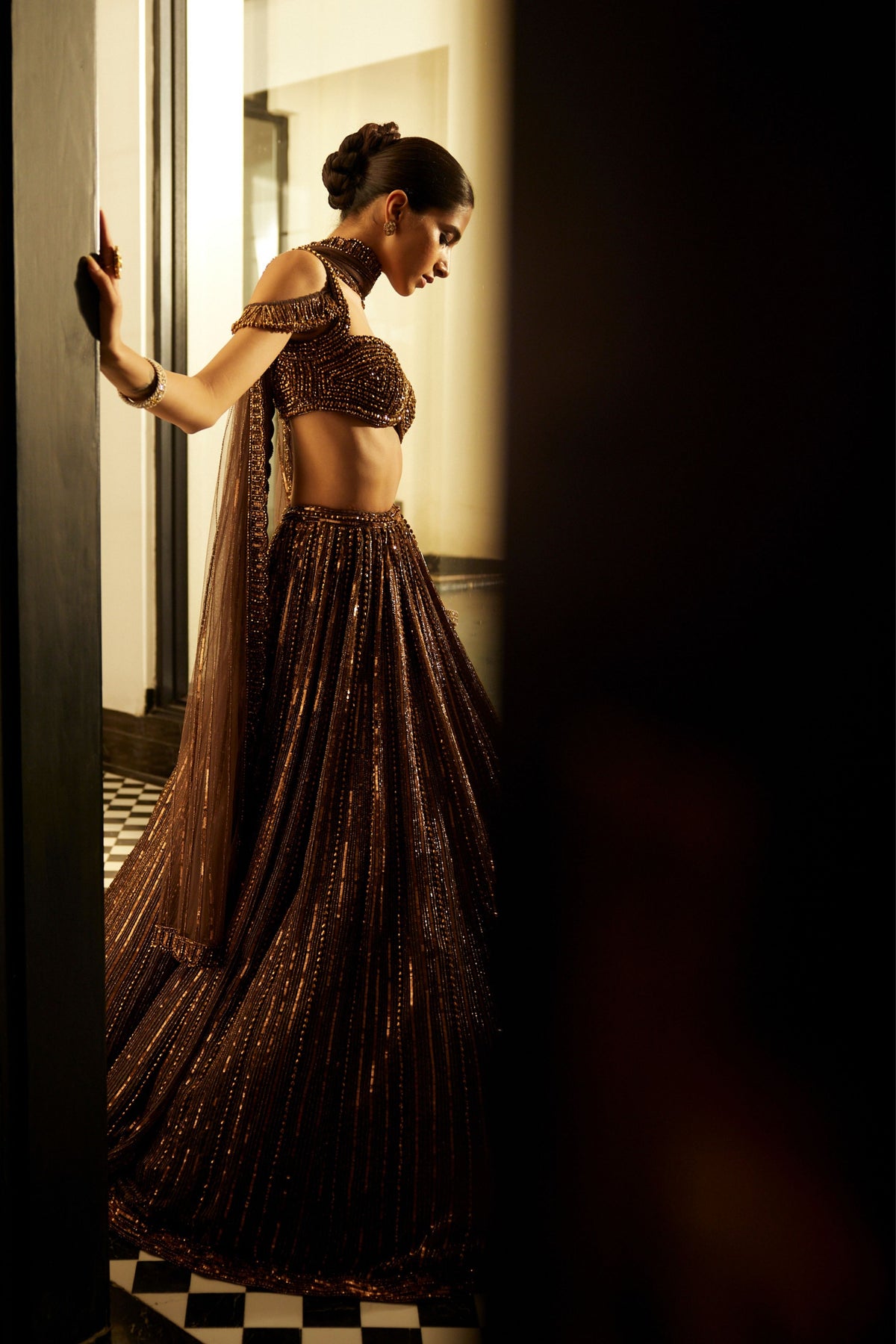 Copper Crystal Embroidered Lehenga Set