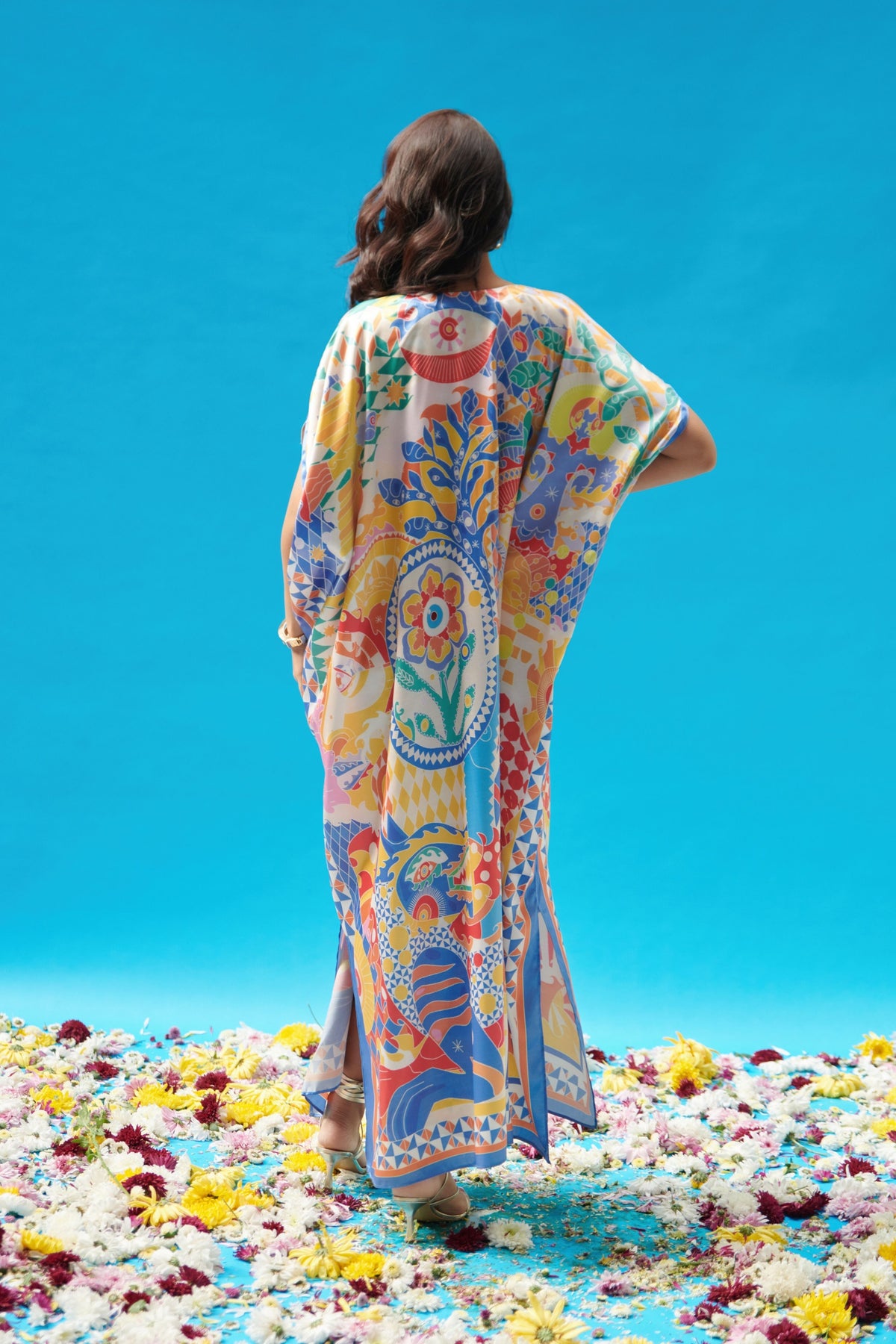 Multicolor Print Pleated Long Kaftan