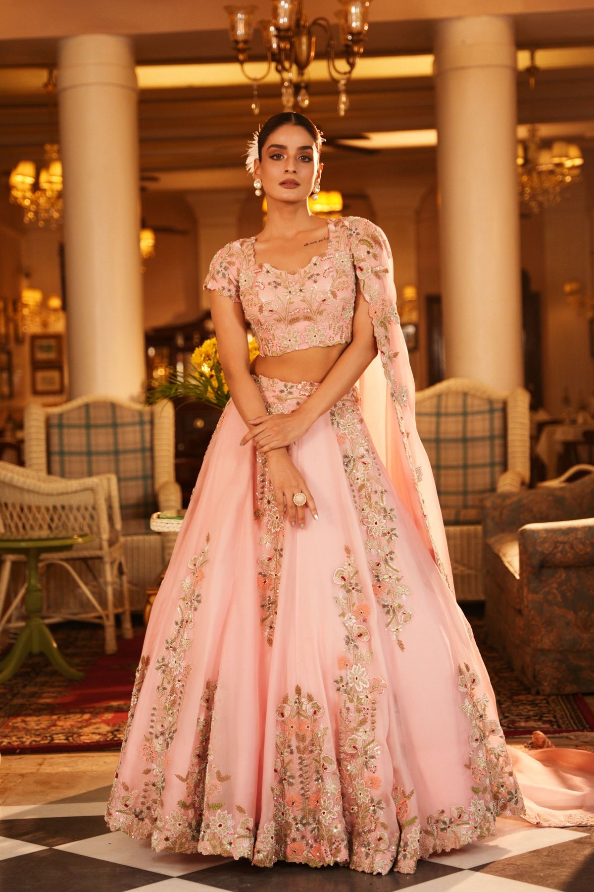 Hand Embroidered Placement Embroidery Lehenga Set