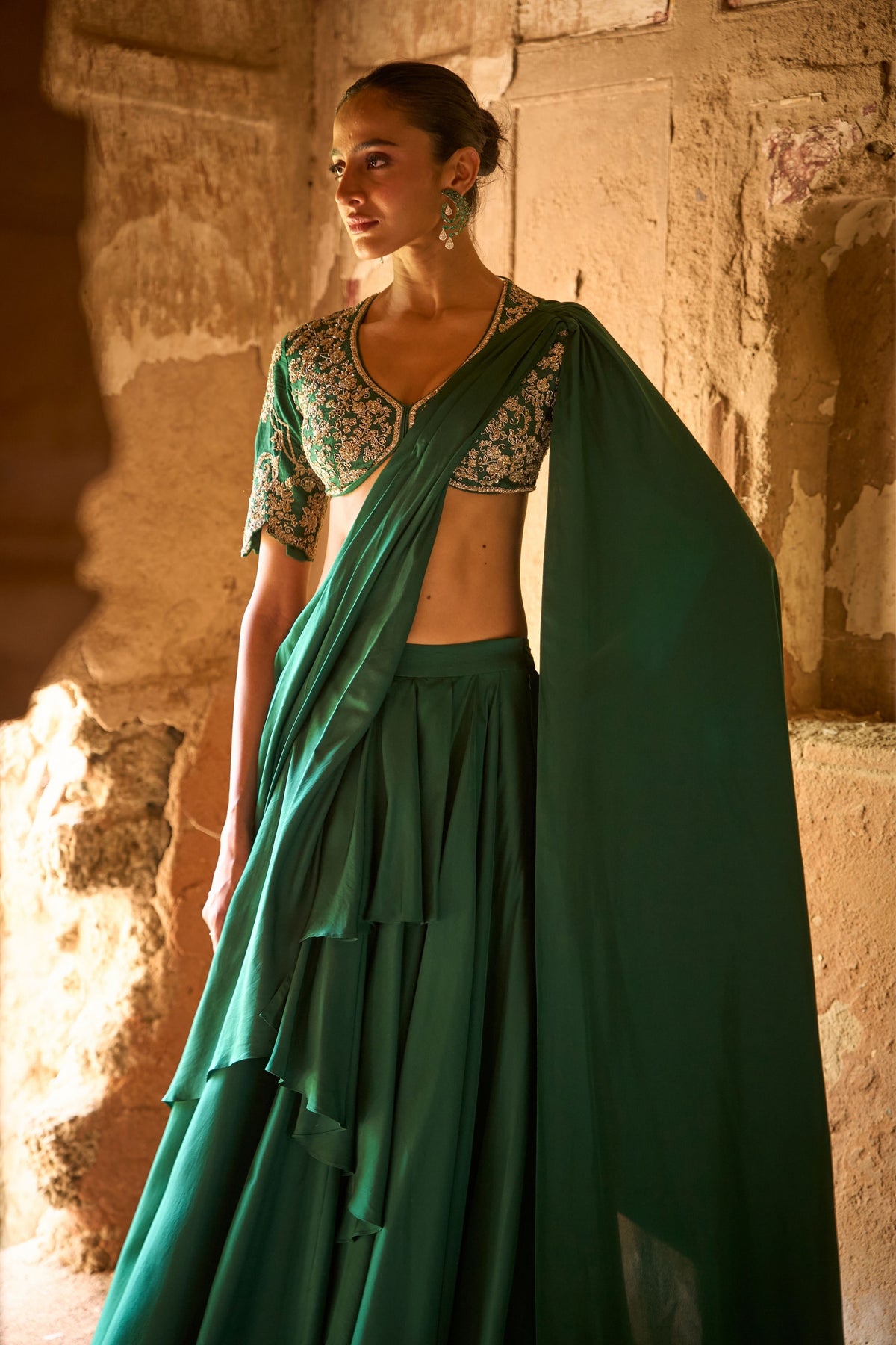 Emerald Green Draped Saree Set