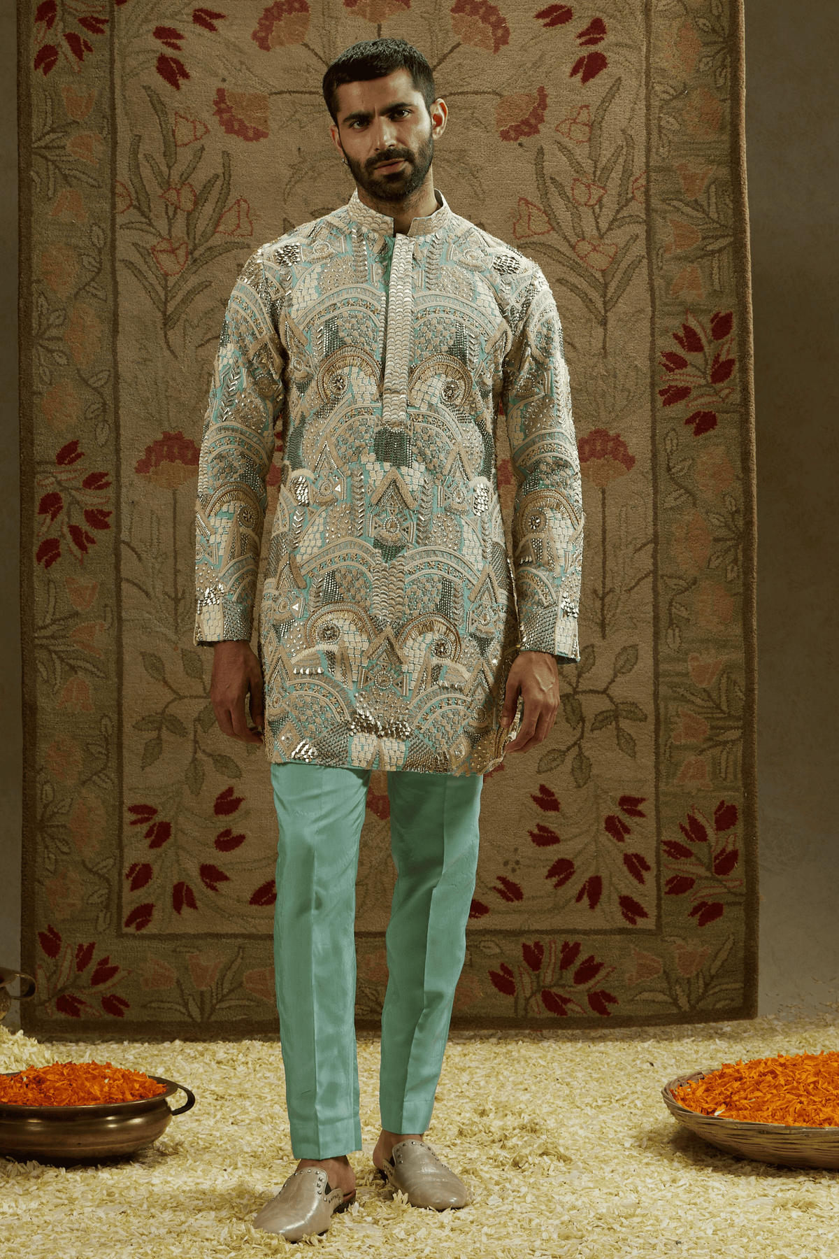 Teal Blue Embellished Kurta Set