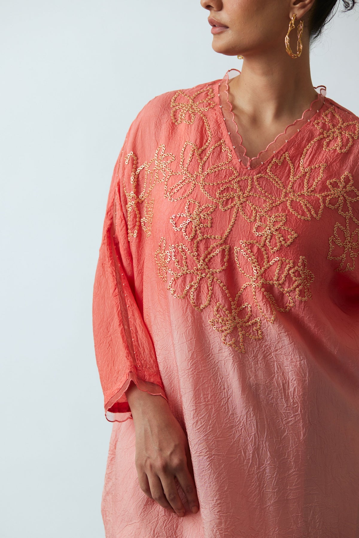 Floral Hand Embroidered Coral Kurta Set