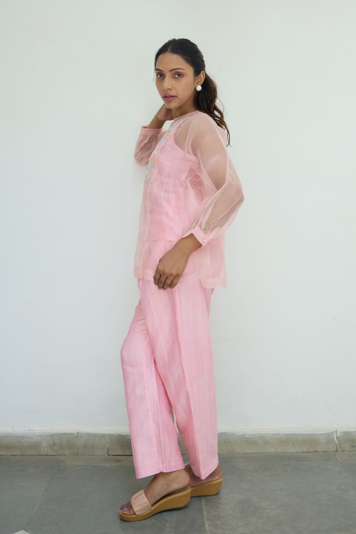 Embroidered Pink Silk Organza Top