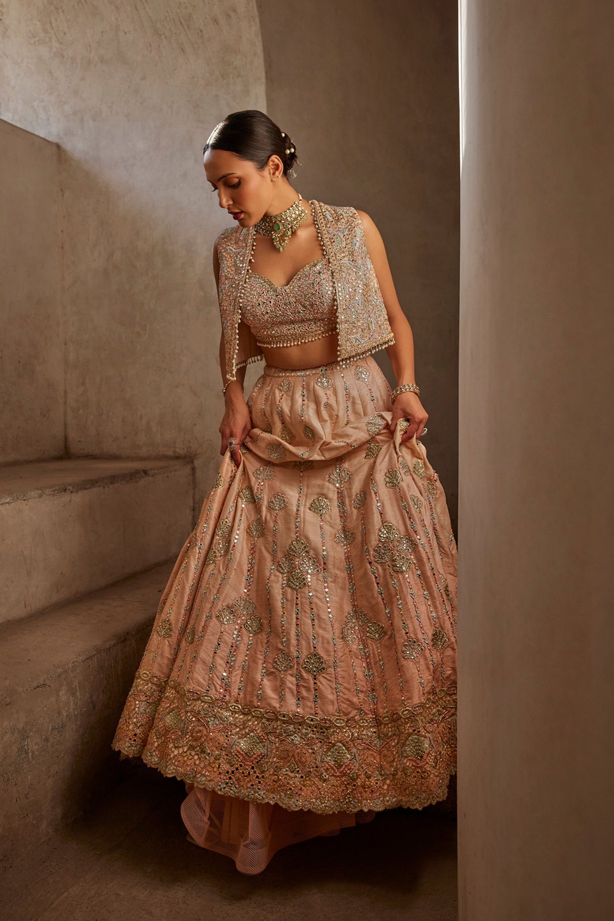 Peach Lehenga With Short Jacket and Bustier