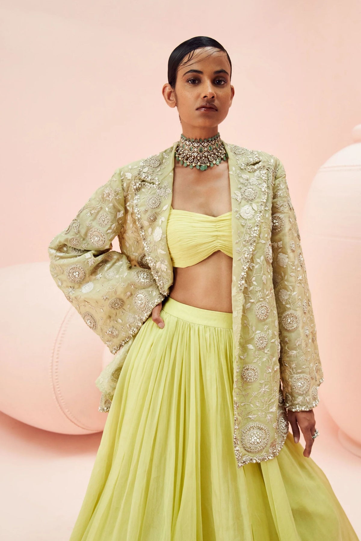 Lime Green Lehenga With Embroidered Jacket Set