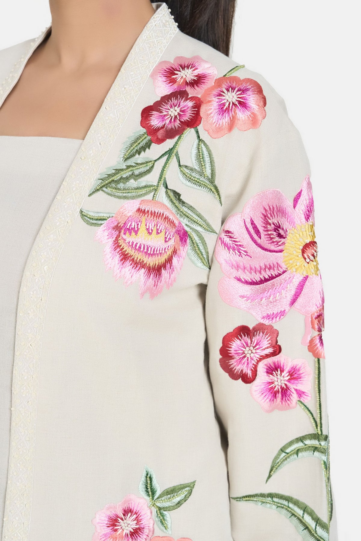 Beige Embroidered Floral Jacket