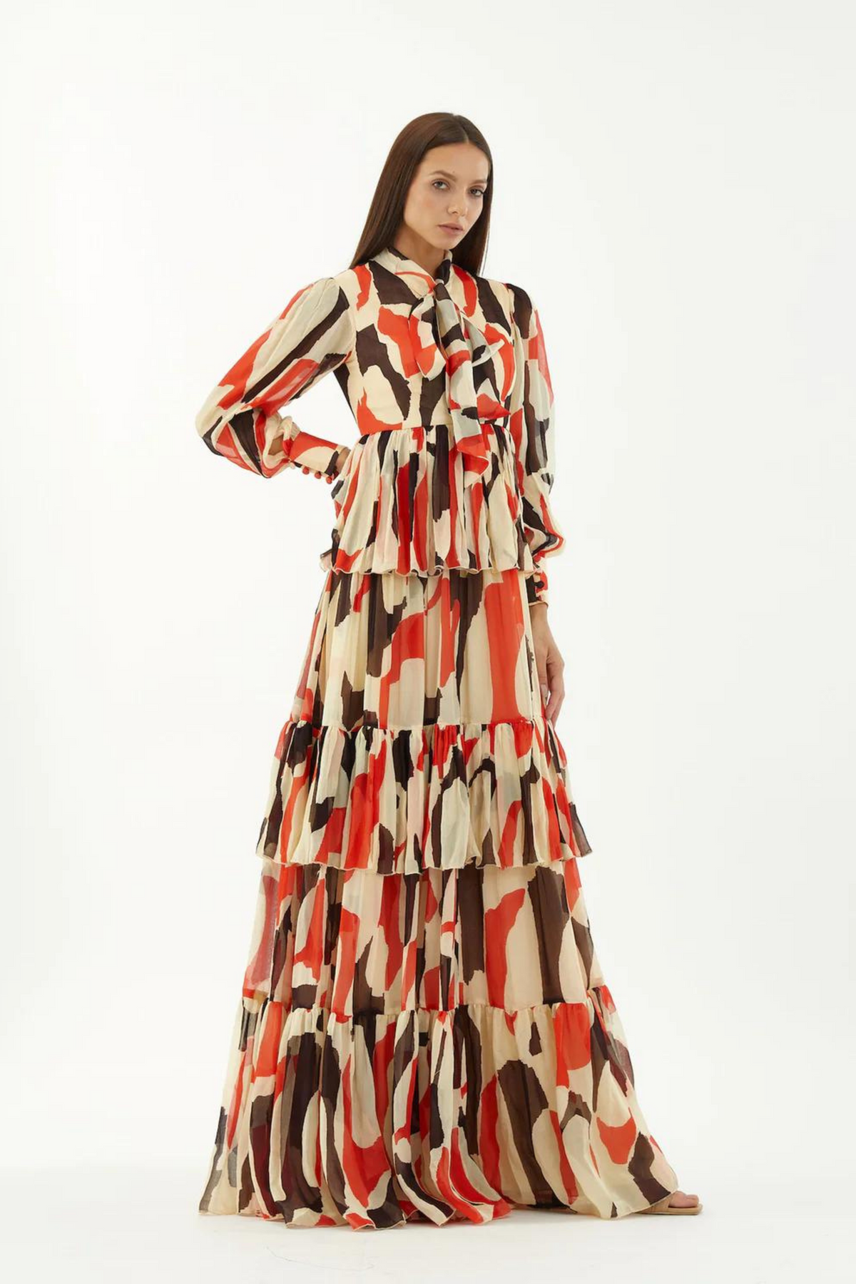 Offwhite, Red And Black Abstract Frill Dress