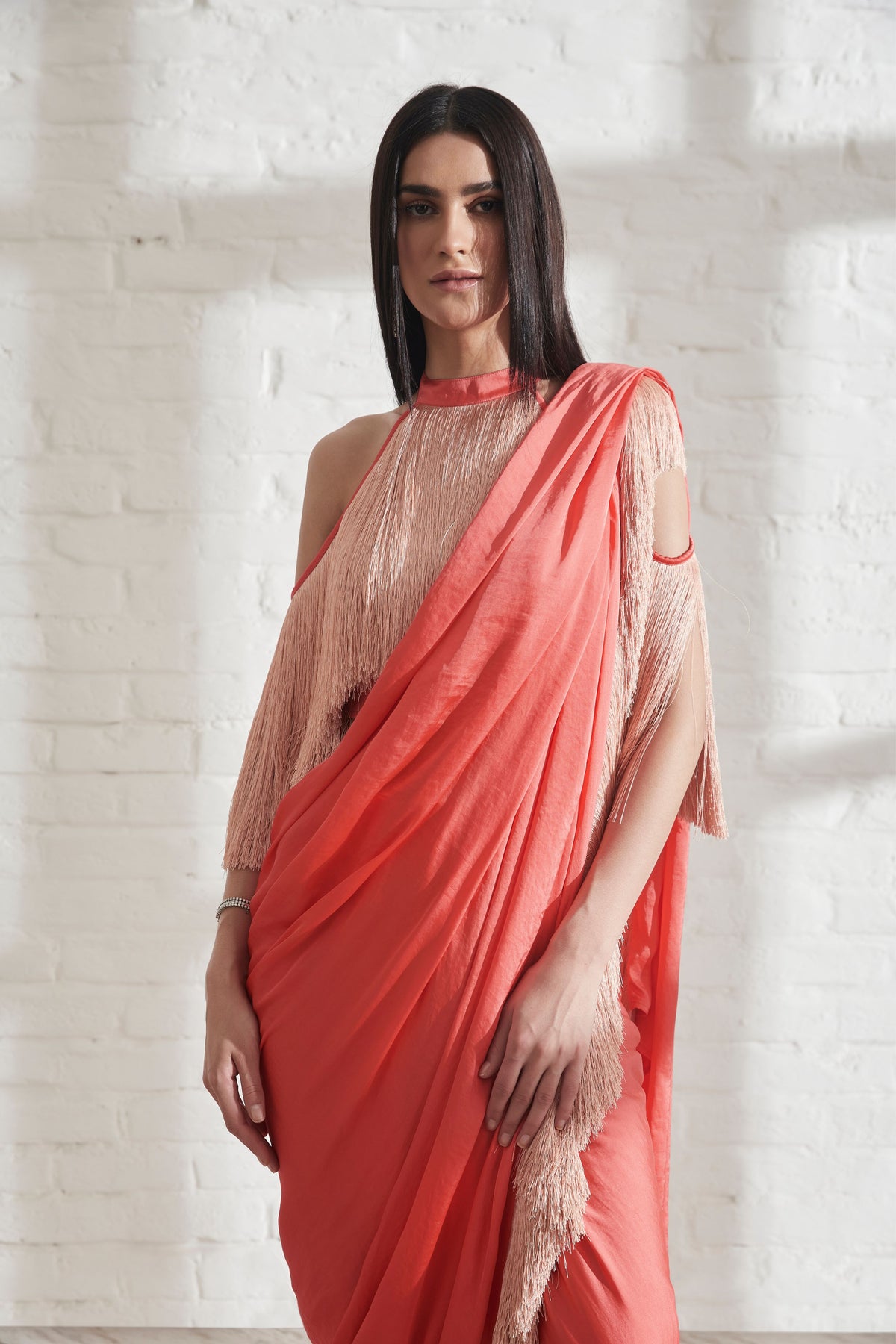 Noor Fringe Blush &amp; Peach Sari