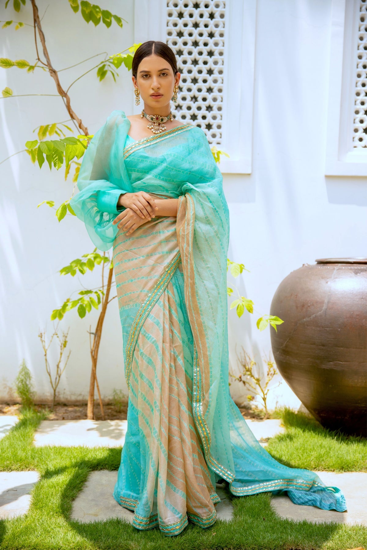 Sea Green Lahariya Saree Set