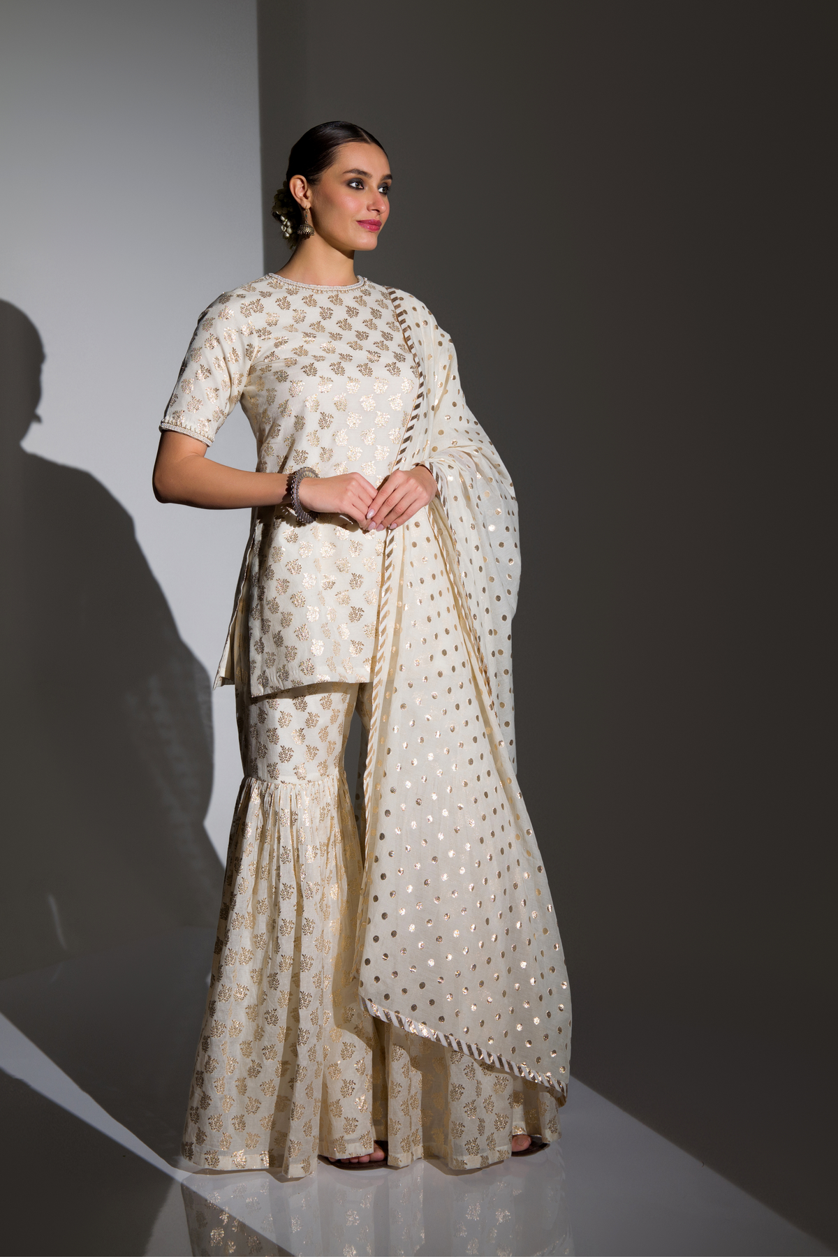 Ivory And Gold Embellished Kurta Sharara Set