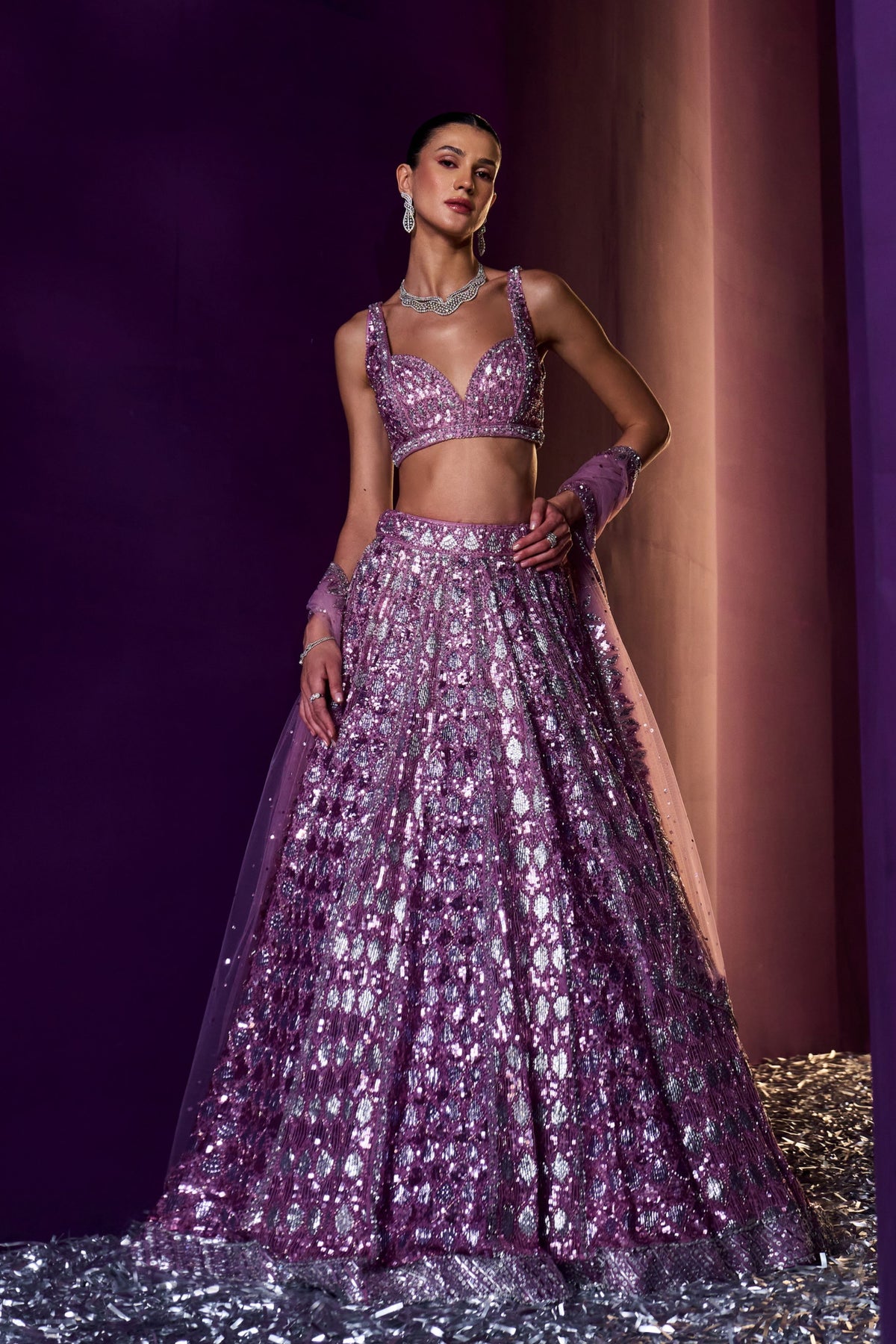 Periwinkle Organza Crystals Lehenga Set