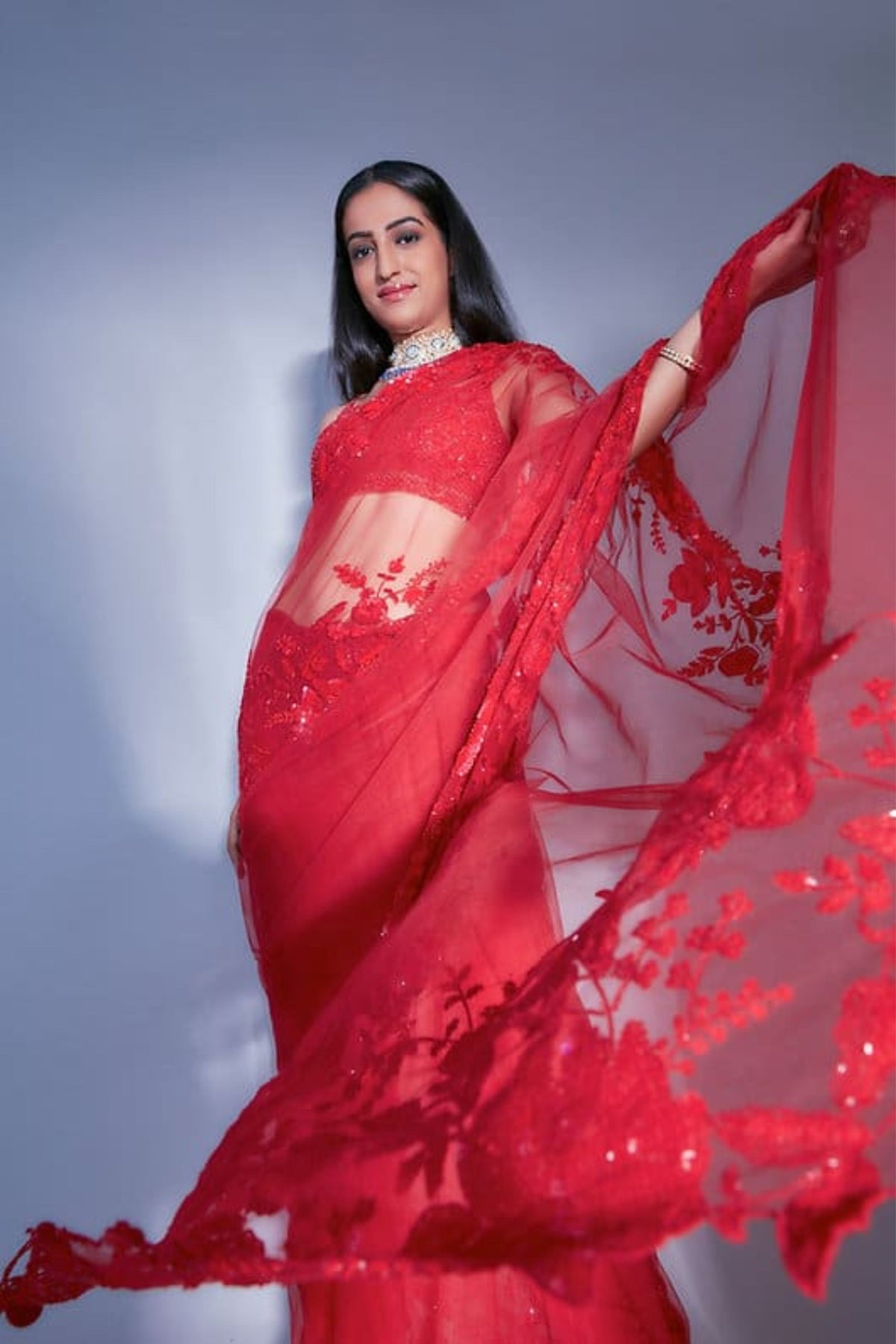 Red Floral Embroidered Saree