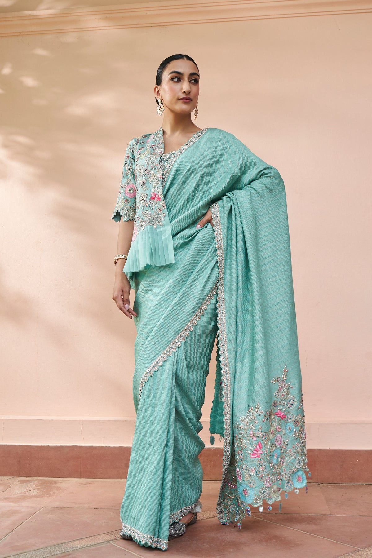 Teal Jacket And Saree Set