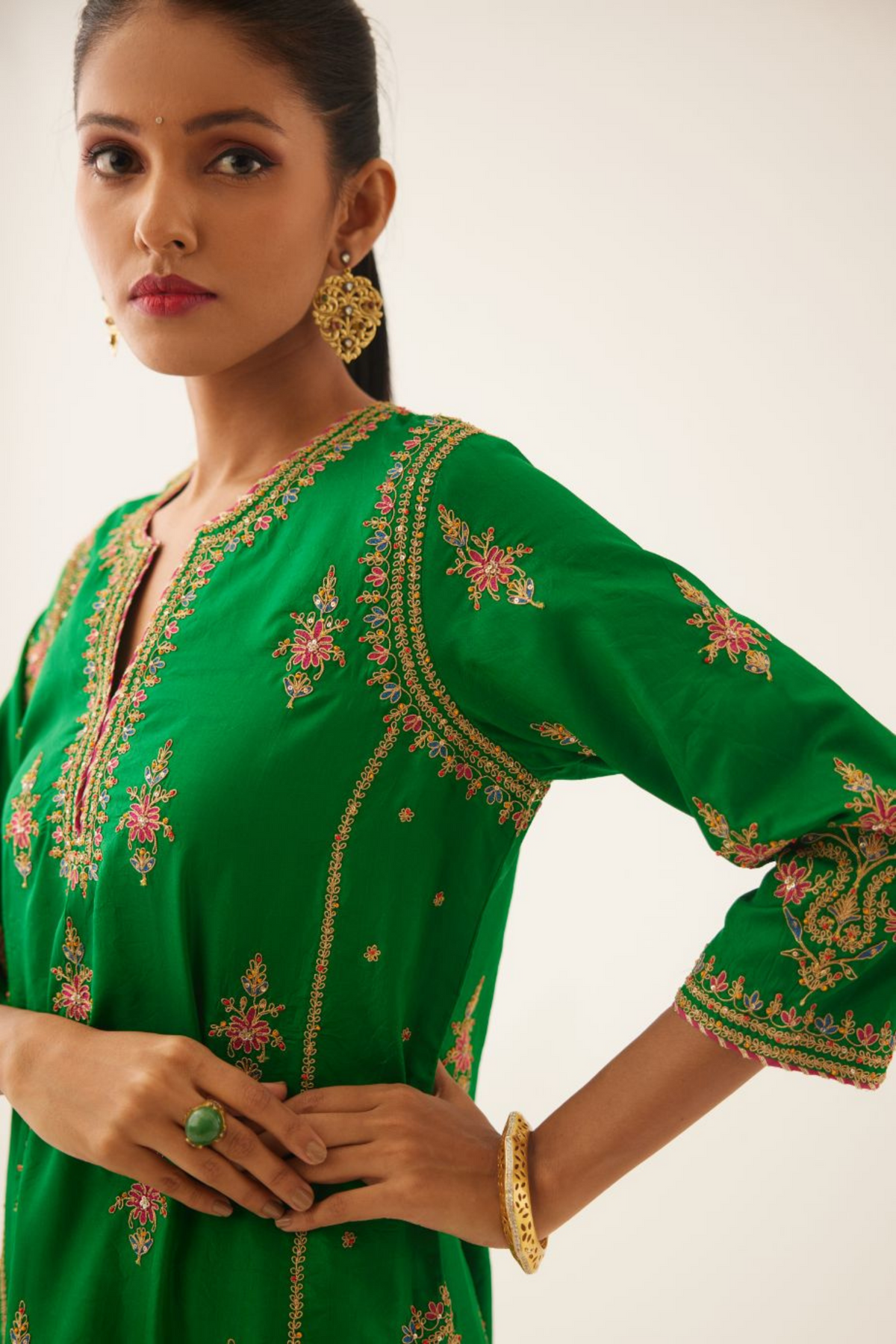 Green Silk Kalidar Straight Kurta Set